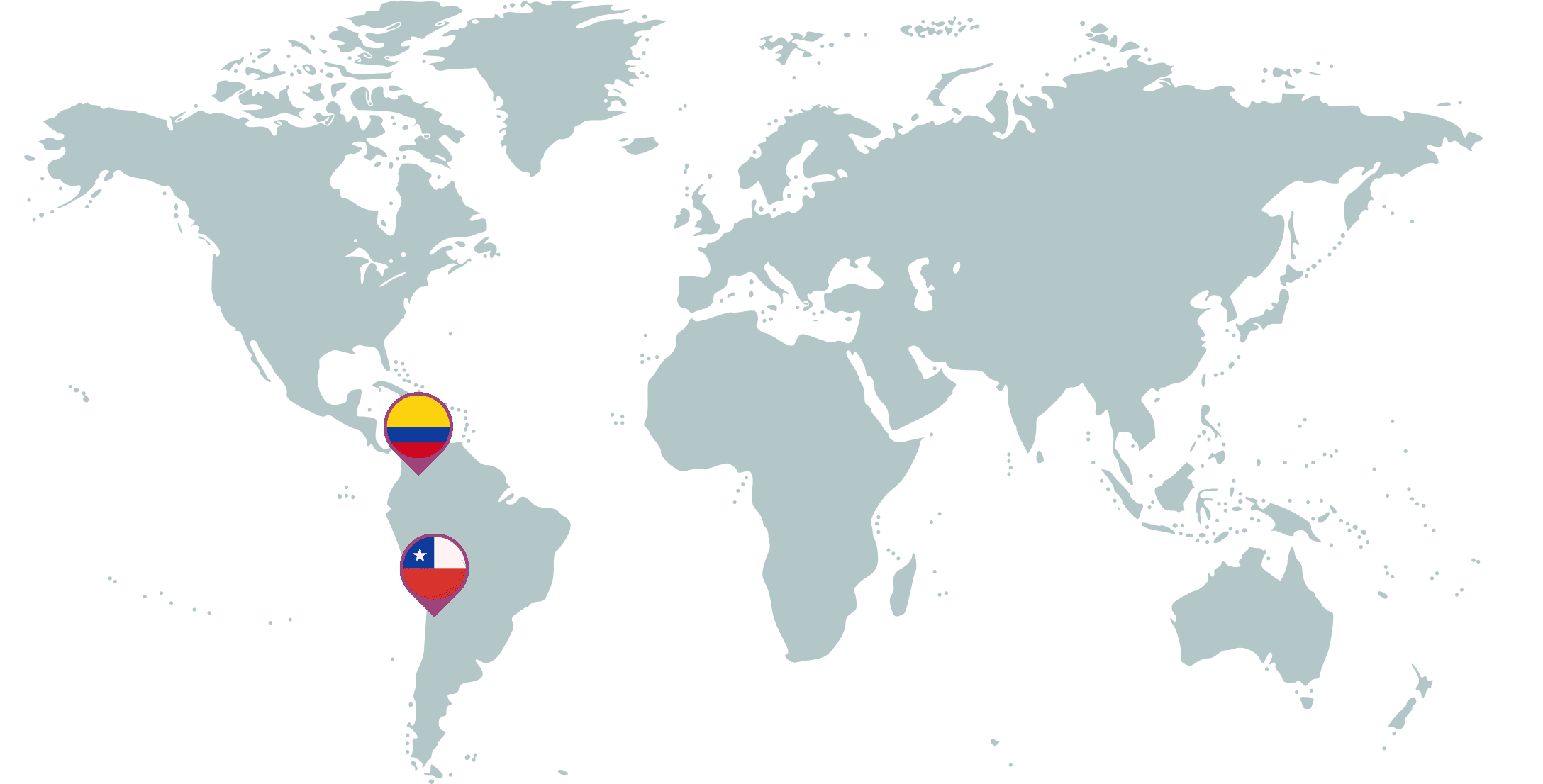 Mapa mundial con Chile y Colombia seleccionados con un marcador